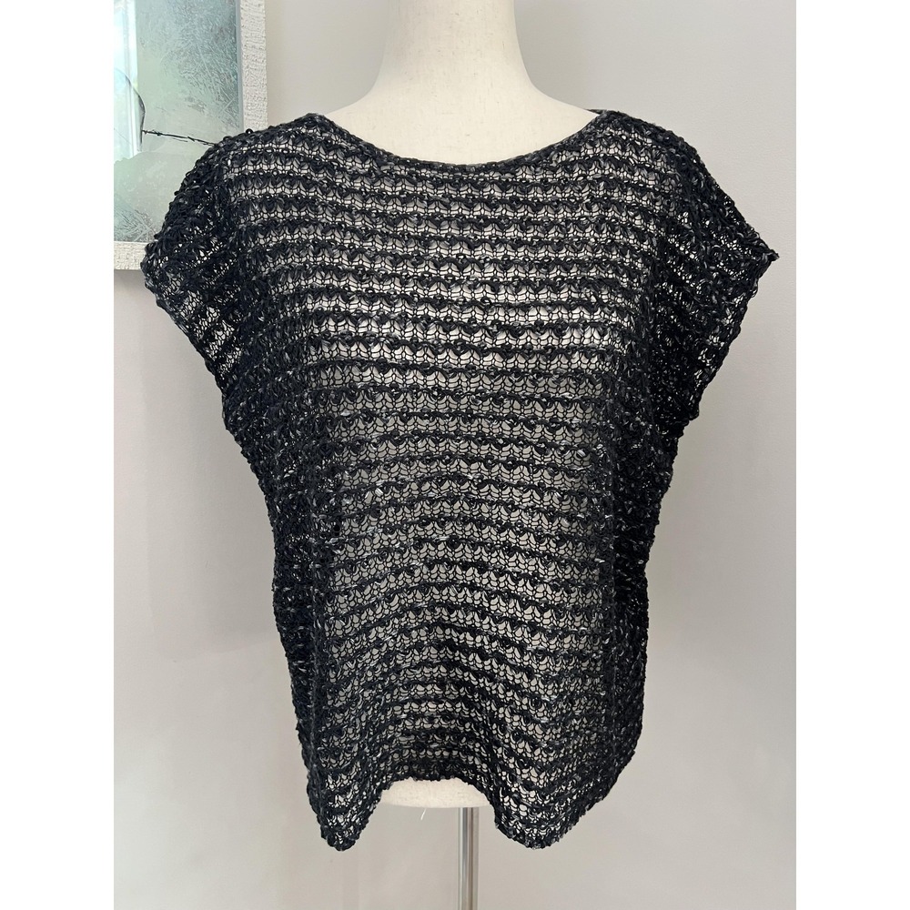 Eileen Fisher Crochet Top Womens Petite Small Black Sheer Dolman Minimalist